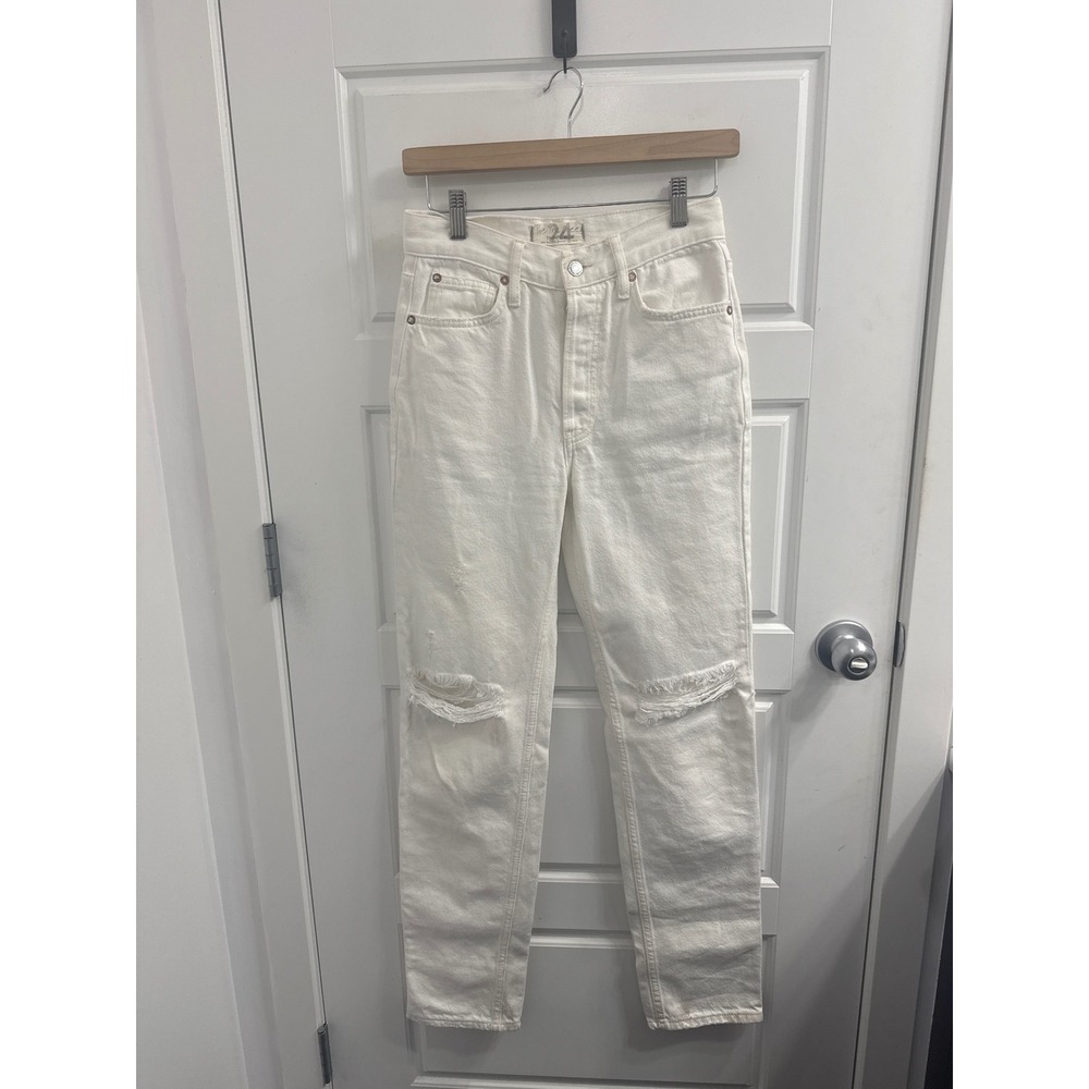 We The Free Free People Womens White Distressed High Rise Straight Jeans Size 24
